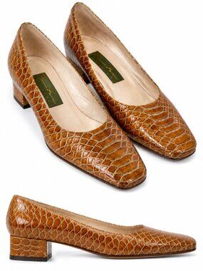 Francois Xavier Cognac Croc-Embossed Low Block Heel Pump size 37.5 euro